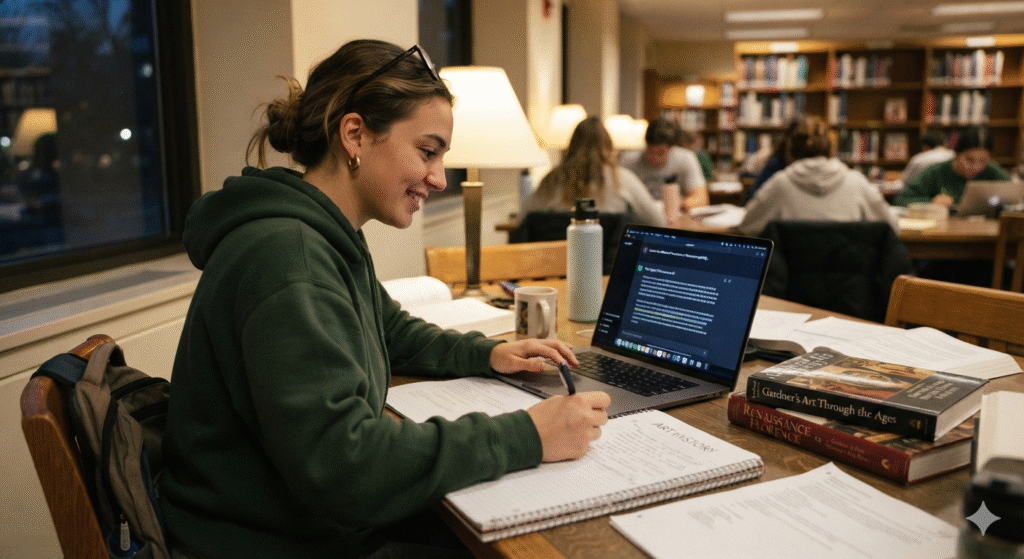 Student using ChatGPT on laptop for studying, AI-powered learning assistance in a modern classroom environment