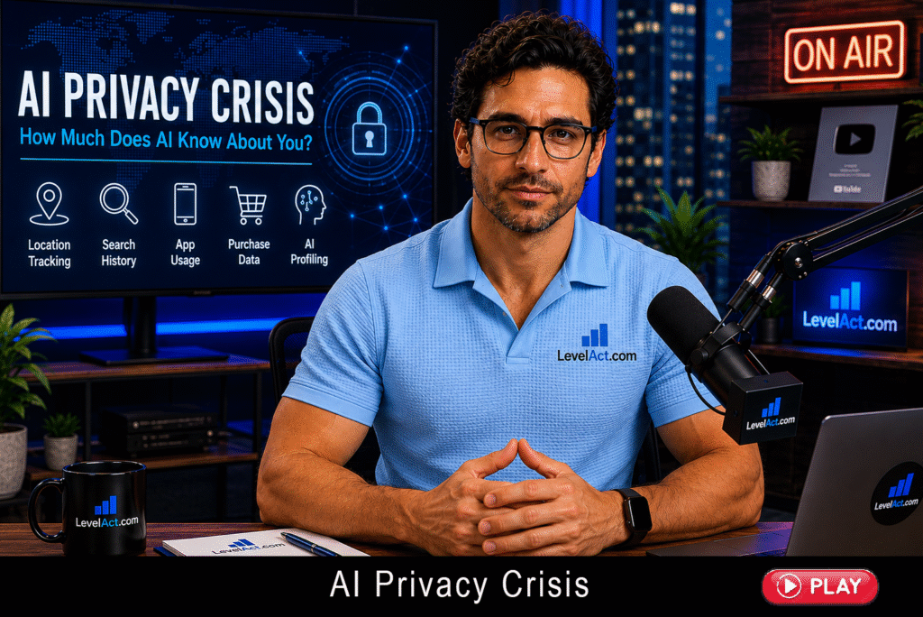 Thomas Walker presents the AI Privacy Crisis video briefing discussing AI data collection, location tracking, search history, app usage, and digital privacy.