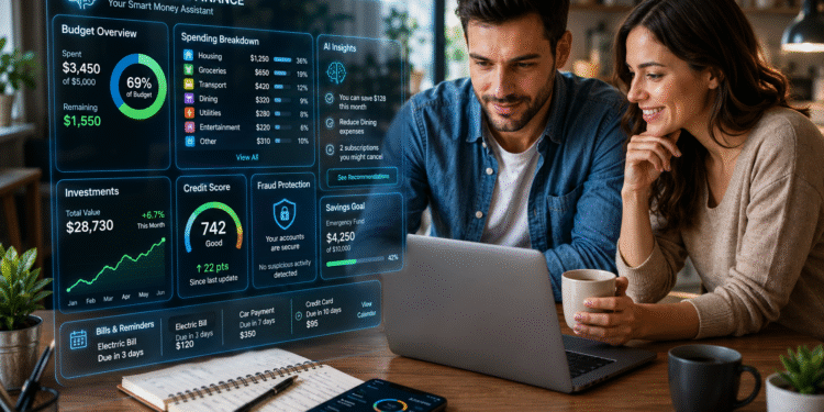 AI Personal Finance dashboard helping people manage budgeting, investing, savings, and fraud protection in 2026