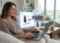 Woman using AI online shopping assistant to compare products and receive personalized recommendations on a laptop.