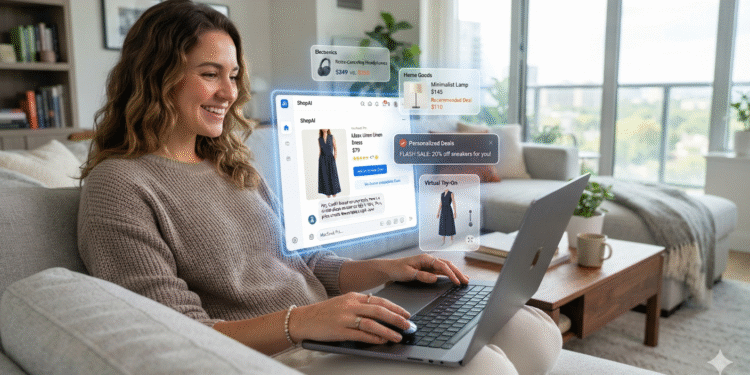 Woman using AI online shopping assistant to compare products and receive personalized recommendations on a laptop.