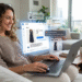 Woman using AI online shopping assistant to compare products and receive personalized recommendations on a laptop.