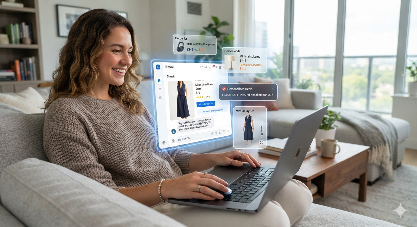 Woman using AI online shopping assistant to compare products and receive personalized recommendations on a laptop.
