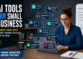 AI Tools for Small Business helping a business owner use artificial intelligence apps to improve productivity, marketing, sales, and customer service in 2026.