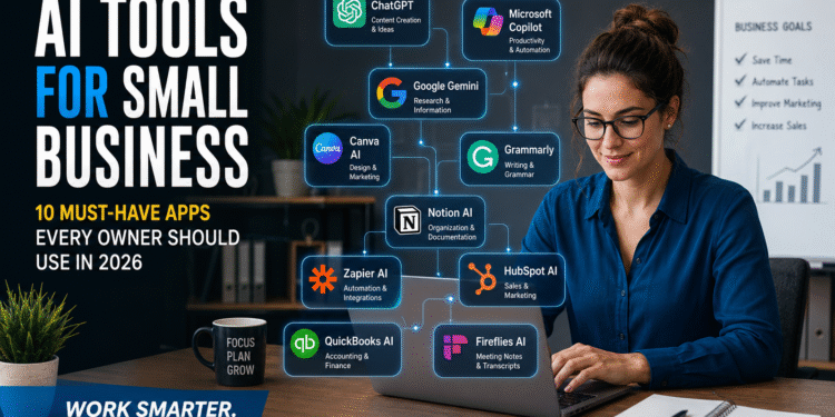 AI Tools for Small Business helping a business owner use artificial intelligence apps to improve productivity, marketing, sales, and customer service in 2026.