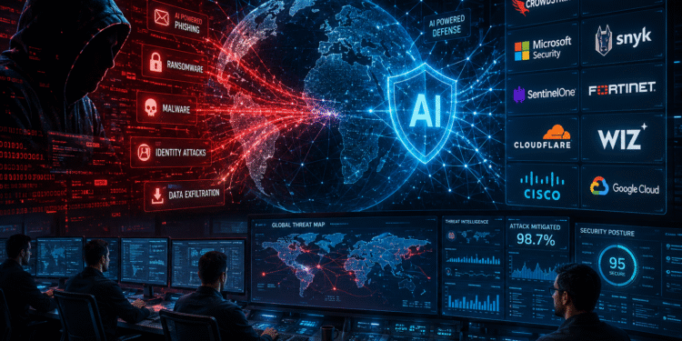AI vs. Hackers cybersecurity operations center using artificial intelligence to stop cyberattacks in 2026.