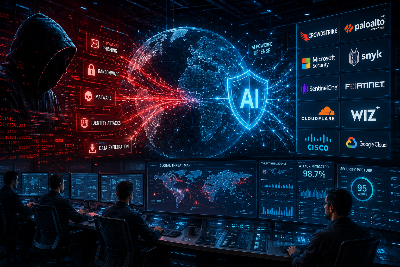 AI vs. Hackers cybersecurity operations center using artificial intelligence to stop cyberattacks in 2026.