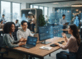 Digital workers and human employees collaborating in a futuristic AI-powered enterprise office with automated workflows and intelligent systems