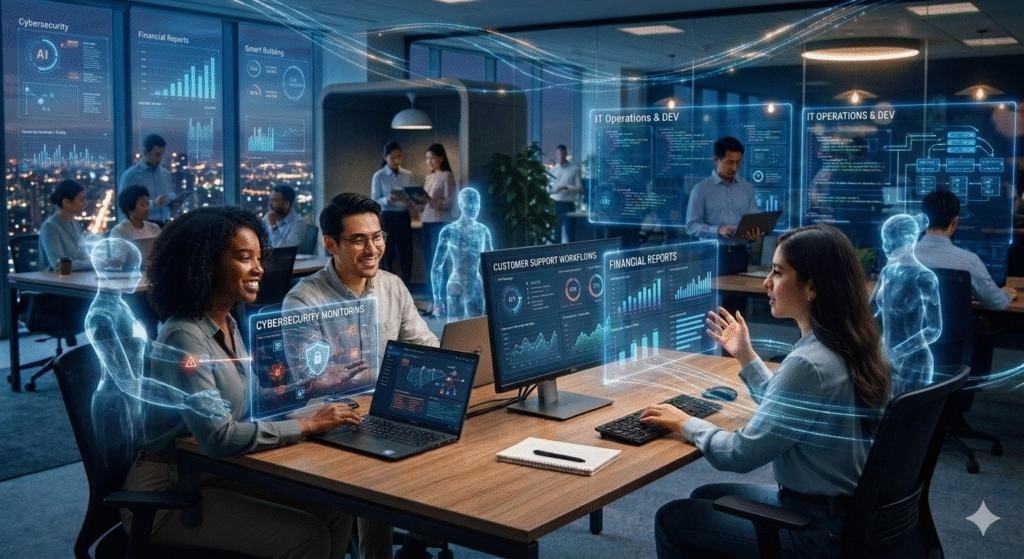 Digital workers and AI employees collaborating with human staff in a futuristic enterprise office with intelligent automation systems