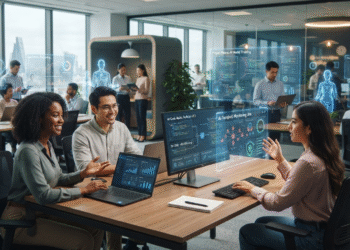 Digital workers and human employees collaborating in a futuristic AI-powered enterprise office with automated workflows and intelligent systems