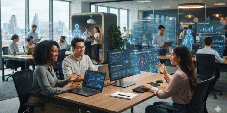 Digital workers and human employees collaborating in a futuristic AI-powered enterprise office with automated workflows and intelligent systems