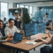 Digital workers and human employees collaborating in a futuristic AI-powered enterprise office with automated workflows and intelligent systems