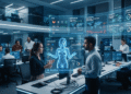 AI agents collaborating with human employees inside a modern enterprise operations center with cloud dashboards, DevOps monitoring, and cybersecurity analytics.