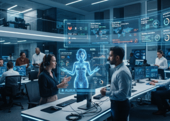 AI agents collaborating with human employees inside a modern enterprise operations center with cloud dashboards, DevOps monitoring, and cybersecurity analytics.