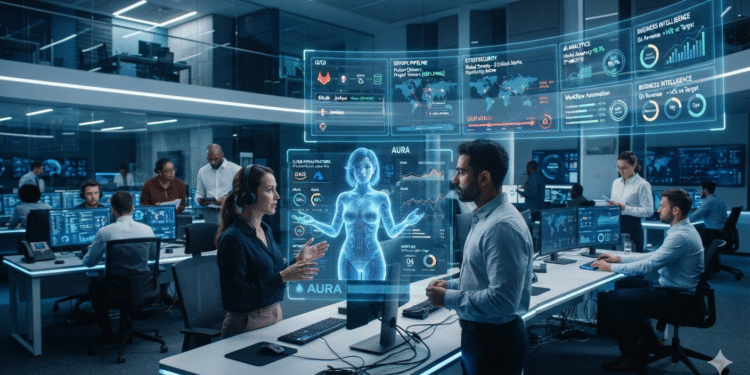 AI agents collaborating with human employees inside a modern enterprise operations center with cloud dashboards, DevOps monitoring, and cybersecurity analytics.