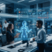 AI agents collaborating with human employees inside a modern enterprise operations center with cloud dashboards, DevOps monitoring, and cybersecurity analytics.
