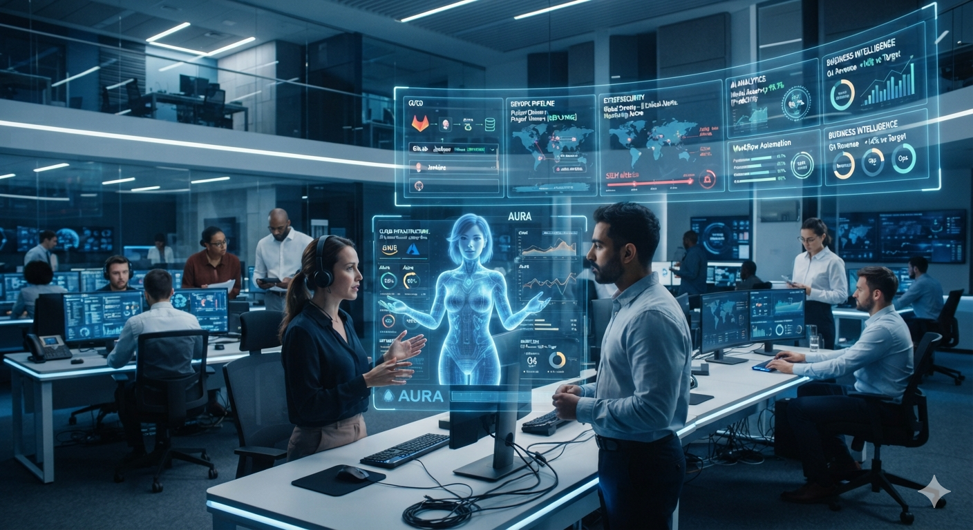 AI agents collaborating with human employees inside a modern enterprise operations center with cloud dashboards, DevOps monitoring, and cybersecurity analytics.