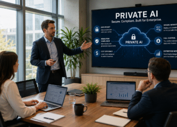 Private AI presentation showing enterprise leaders discussing secure artificial intelligence deployment in a modern office