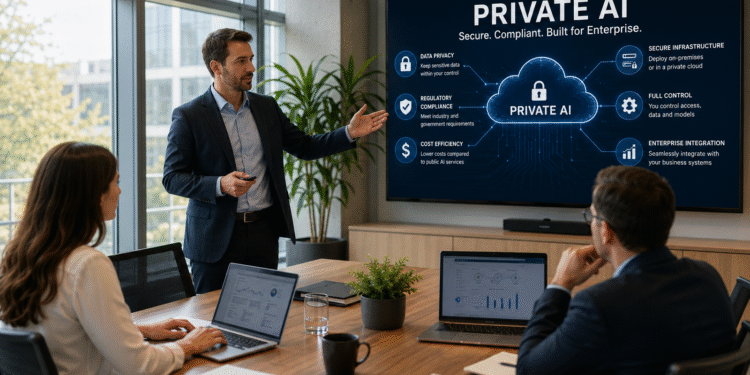 Private AI presentation showing enterprise leaders discussing secure artificial intelligence deployment in a modern office