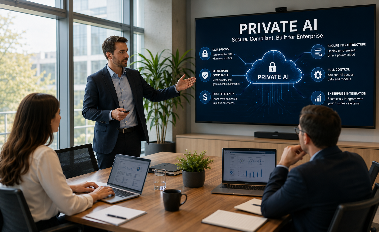 Private AI presentation showing enterprise leaders discussing secure artificial intelligence deployment in a modern office