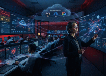 CISO monitoring Shadow AI activity across enterprise systems and cybersecurity dashboards in a modern security operations center