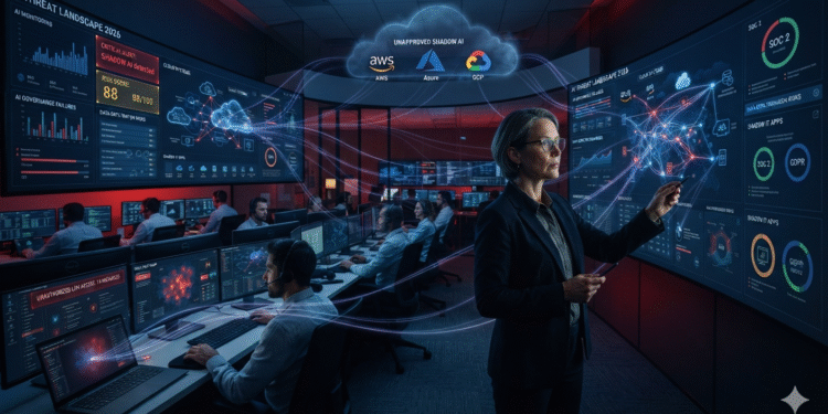 CISO monitoring Shadow AI activity across enterprise systems and cybersecurity dashboards in a modern security operations center