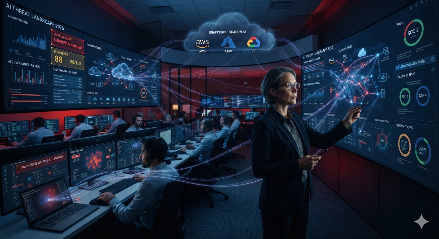 CISO monitoring Shadow AI activity across enterprise systems and cybersecurity dashboards in a modern security operations center