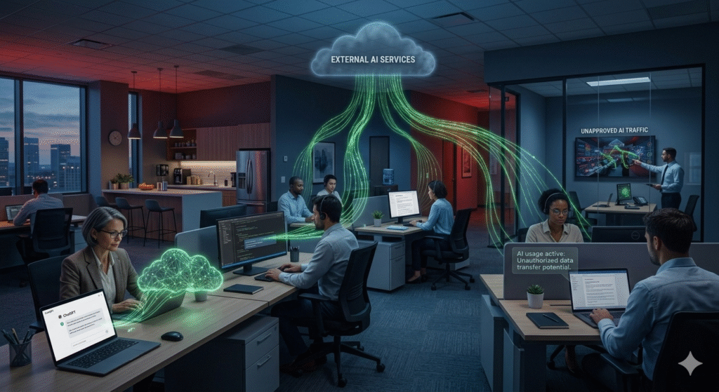 Employees using AI tools in the workplace while sensitive company data is unknowingly shared outside enterprise systems